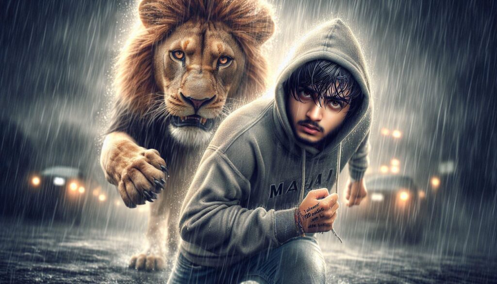realistic Indian 21-year-old cute boy with an angry expression fighting with a lion in the jungle during a storm, wearing a hoodie with the tattoo name 'MAHI' written on it, after rain, beautiful lonely boy with a big lion, rainy mood, realistic picture, pretty girl standing in the rain, danger picture, profile pic, rainy weather, danger realistic