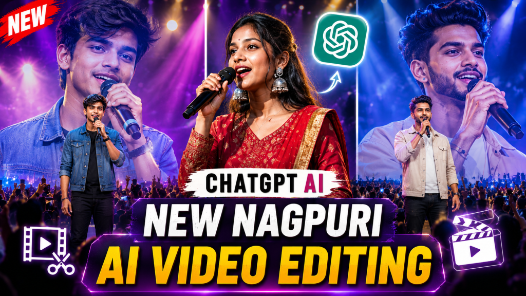 New Nagpuri AI Video Editing with ChatGPT AI thumbnail featuring singers on stage