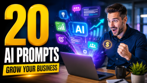 20 AI Prompts Grow Your Business. An excited man looks at a laptop with glowing AI and business icons