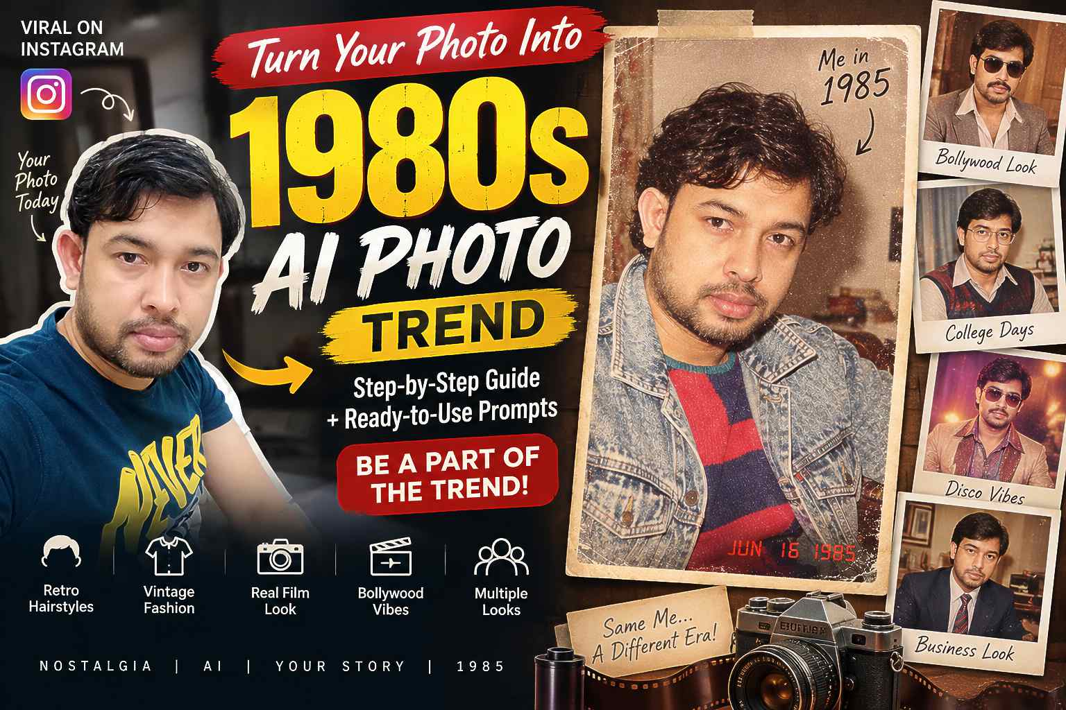 80s AI photo trend showing a modern photo transformed into a realistic 1985 retro portrait using AI